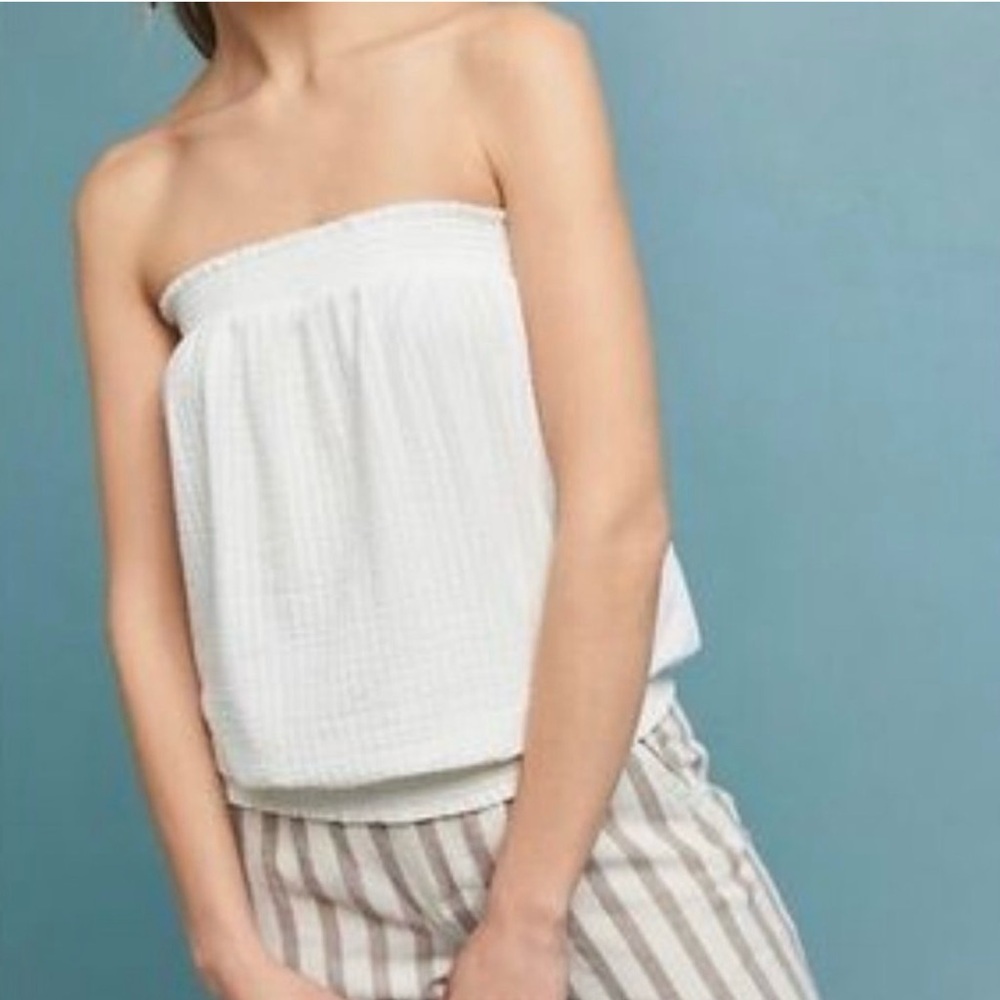 Anthropologie Colusa Smocked Strapless White Top Size Large Lined Flowy Tube Top - Picture 3 of 8